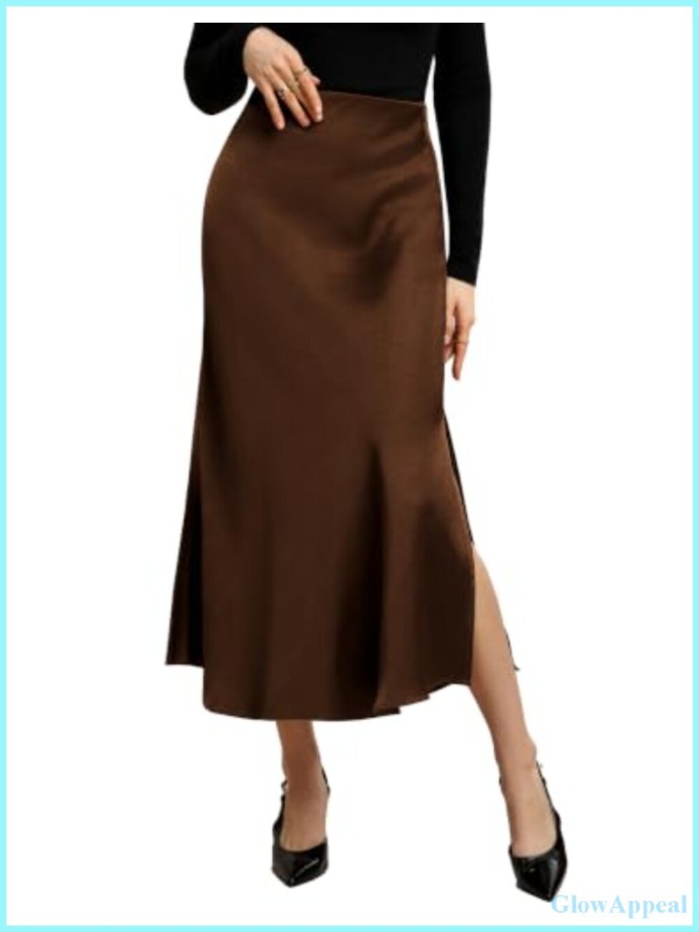 Satin Midi Skirt High Waisted Fishtail Hem Slit Flowy Business Casual